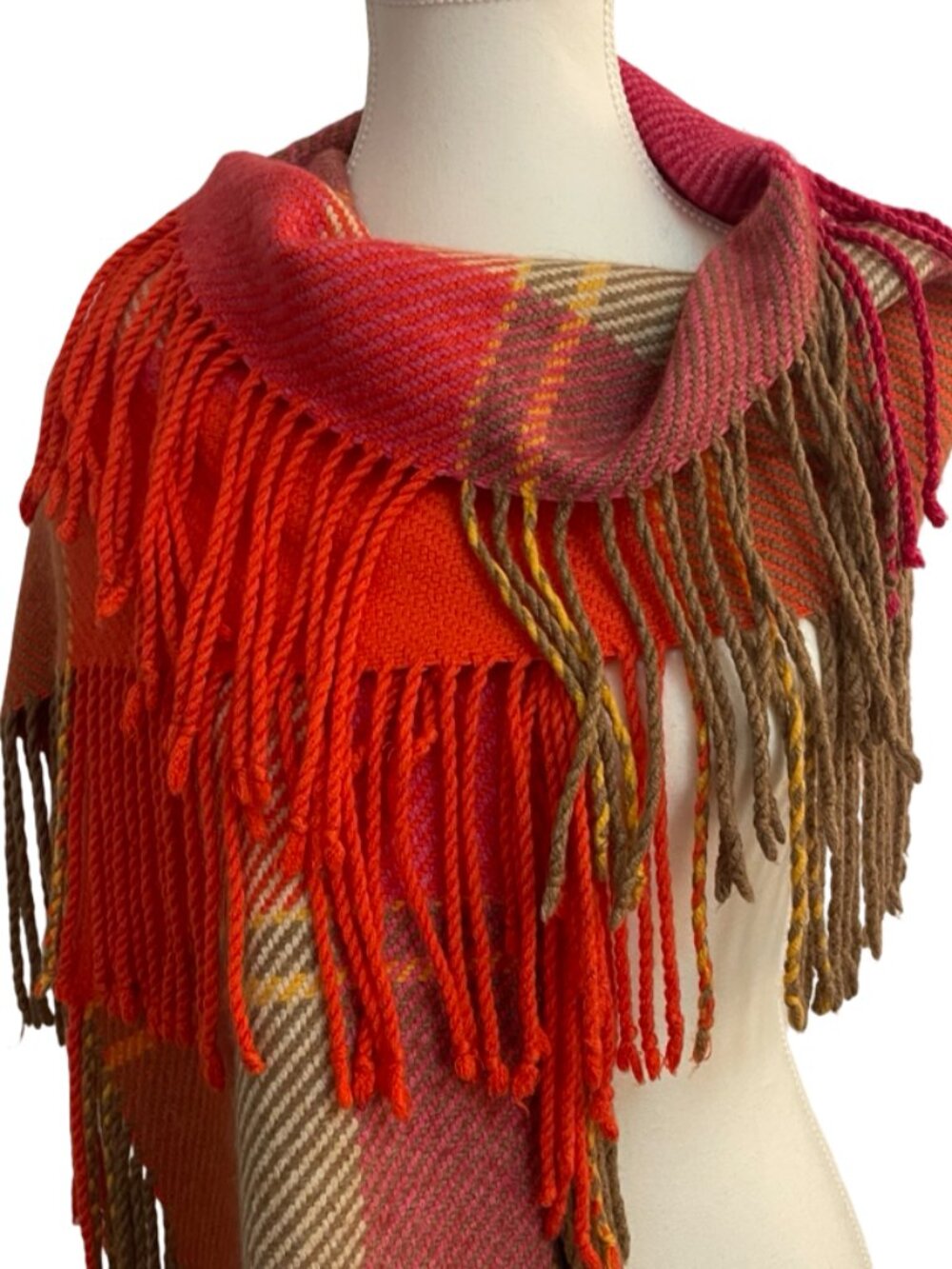 Echo Plaid Fringe Scarf Pink Orange Brown Wool Feel 58 x 10
